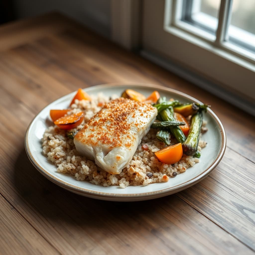 Crispy Air-Fried Cod with Quinoa & Vegetables