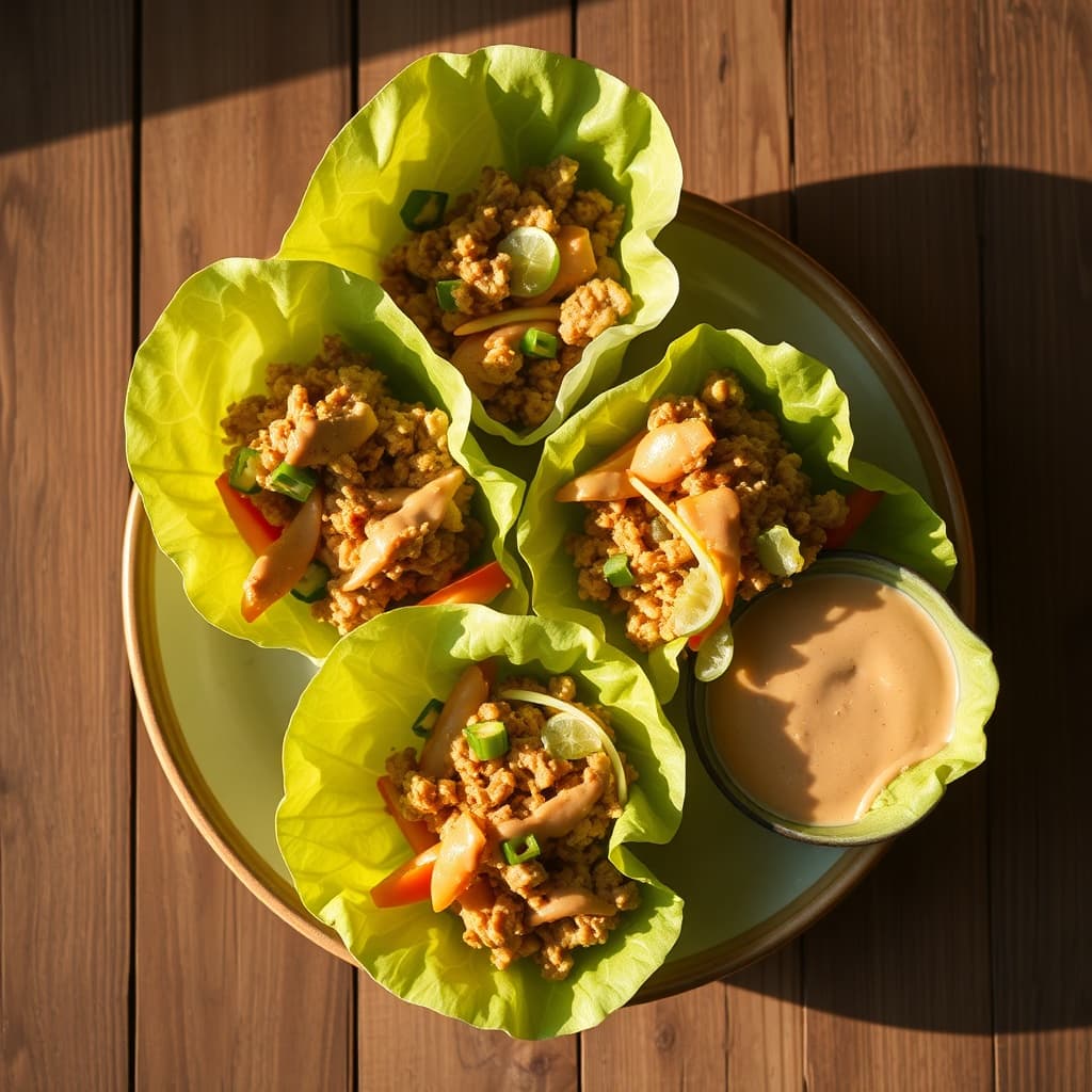 Thai Ground Chicken Lettuce Cups with Peanut-Coconut Sauce