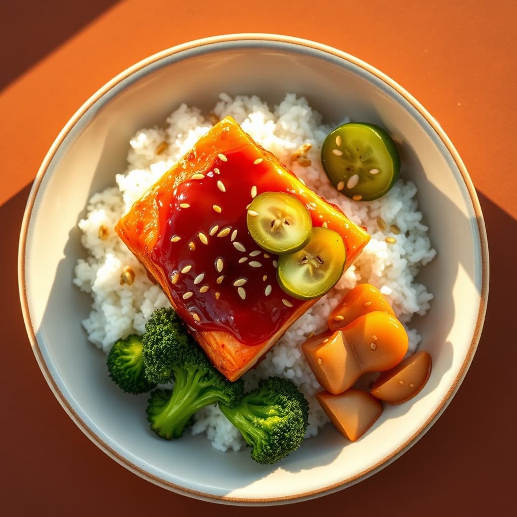 Gochujang-Honey Glazed Pan-Seared Salmon with Rice, Broccoli & Pickled Cucumber
