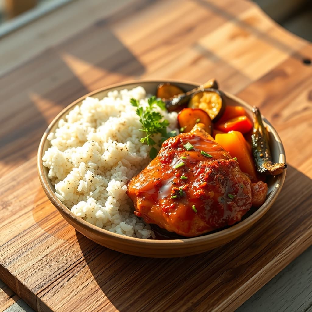 Ginger-Soy-Honey Glazed Pan-Seared Chicken Breasts with White Rice and Roasted Vegetables